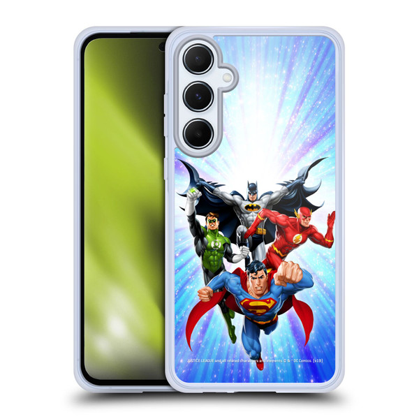 Justice League DC Comics Airbrushed Heroes Blue Purple Soft Gel Case for Samsung Galaxy A55 5G