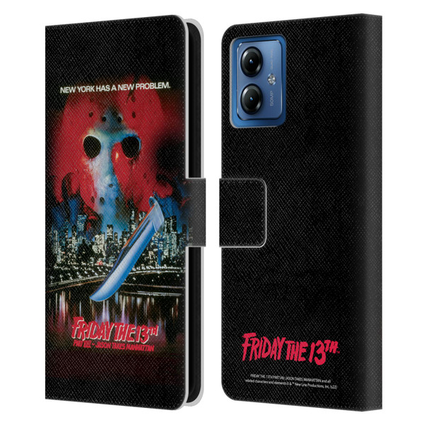 Friday the 13th Part VIII Jason Takes Manhattan Graphics Key Art Leather Book Wallet Case Cover For Motorola Moto G14