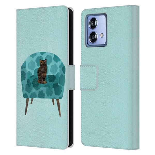 Planet Cat Arm Chair Teal Chair Cat Leather Book Wallet Case Cover For Motorola Moto G84 5G