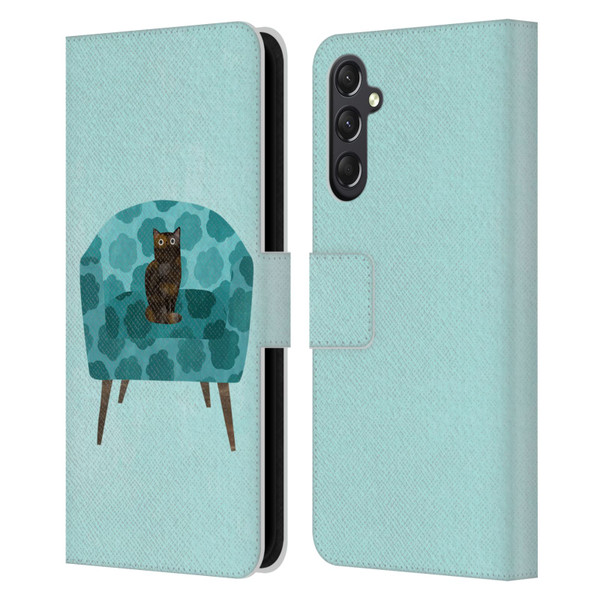 Planet Cat Arm Chair Teal Chair Cat Leather Book Wallet Case Cover For Samsung Galaxy A24 4G / M34 5G