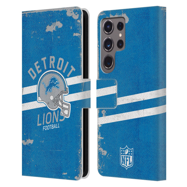 NFL Detroit Lions Logo Art Helmet Distressed Leather Book Wallet Case Cover For Samsung Galaxy S24 Ultra 5G