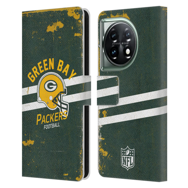 NFL Green Bay Packers Logo Art Helmet Distressed Leather Book Wallet Case Cover For OnePlus 11 5G