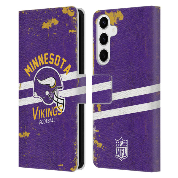 NFL Minnesota Vikings Logo Art Helmet Distressed Leather Book Wallet Case Cover For Samsung Galaxy S24+ 5G