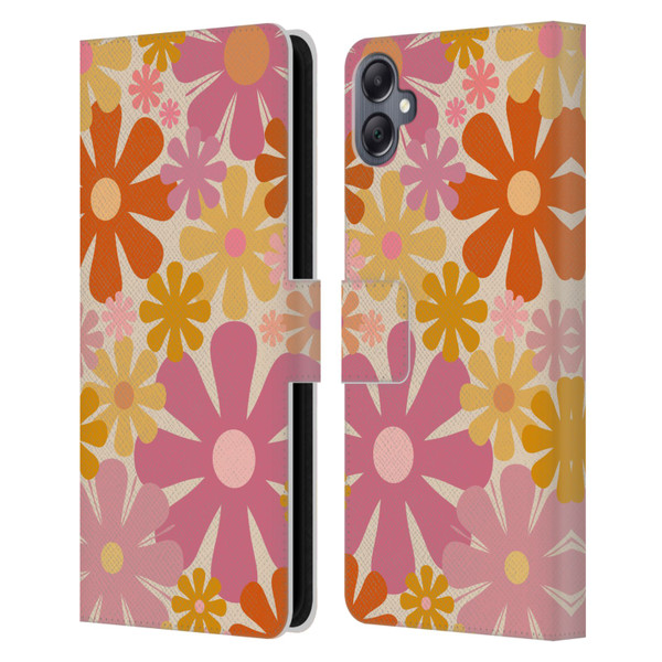 Kierkegaard Design Studio Retro Abstract Patterns Pink Orange Thulian Flowers Leather Book Wallet Case Cover For Samsung Galaxy A05
