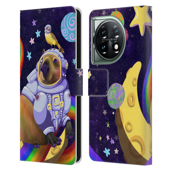 Carla Morrow Rainbow Animals Capybara Sitting On A Moon Leather Book Wallet Case Cover For OnePlus 11 5G