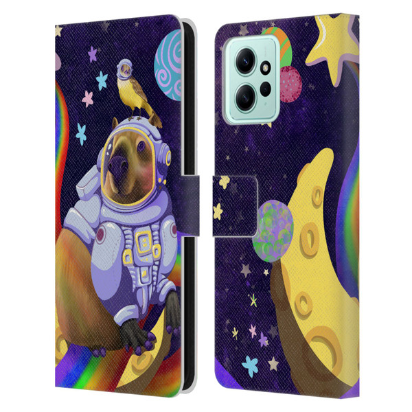 Carla Morrow Rainbow Animals Capybara Sitting On A Moon Leather Book Wallet Case Cover For Xiaomi Redmi 12