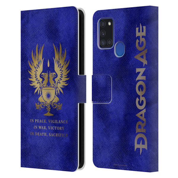 EA Bioware Dragon Age Heraldry Grey Wardens Gold Leather Book Wallet Case Cover For Samsung Galaxy A21s (2020)