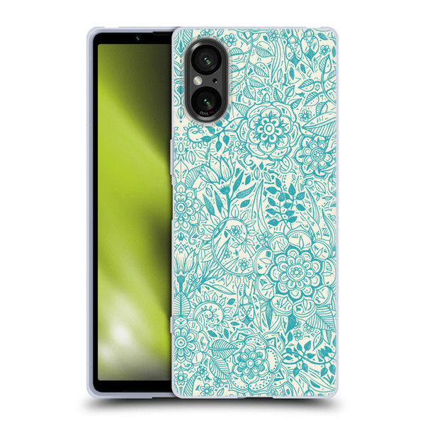 Micklyn Le Feuvre Floral Patterns Teal And Cream Soft Gel Case for Sony Xperia 5 V 5G