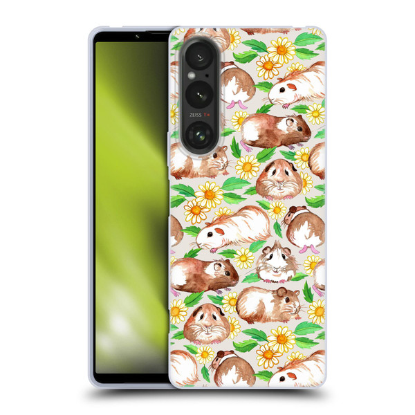 Micklyn Le Feuvre Patterns 2 Guinea Pigs And Daisies In Watercolour On Tan Soft Gel Case for Sony Xperia 1 V 5G