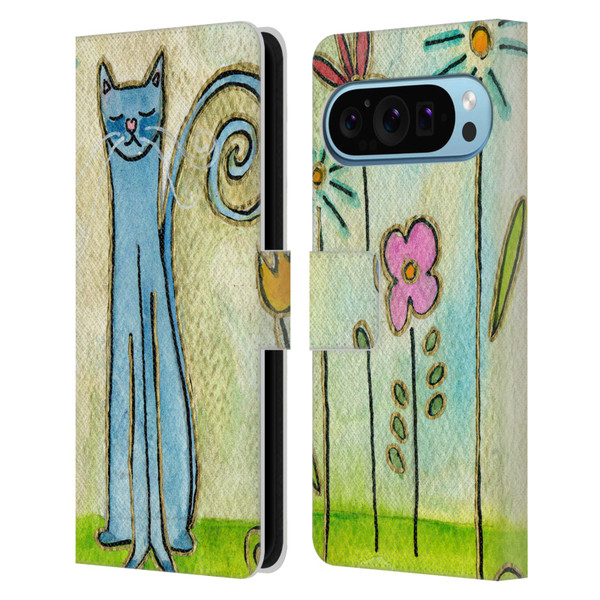 Wyanne Cat Blue Cat In The Flower Garden Leather Book Wallet Case Cover For Google Pixel 9 / Pixel 9 Pro