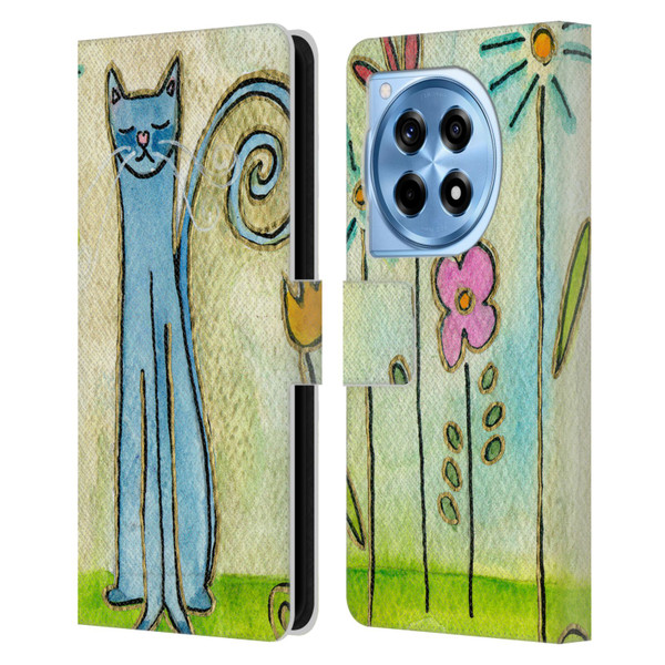 Wyanne Cat Blue Cat In The Flower Garden Leather Book Wallet Case Cover For OnePlus 12R