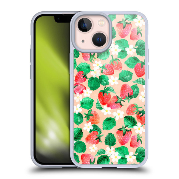 Micklyn Le Feuvre Flora And Fauna Strawberry Watercolor in Peach Soft Gel Case for Apple iPhone 13 Mini