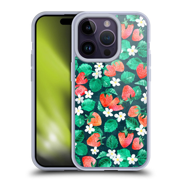 Micklyn Le Feuvre Flora And Fauna Strawberry Watercolor in Blue Soft Gel Case for Apple iPhone 14 Pro
