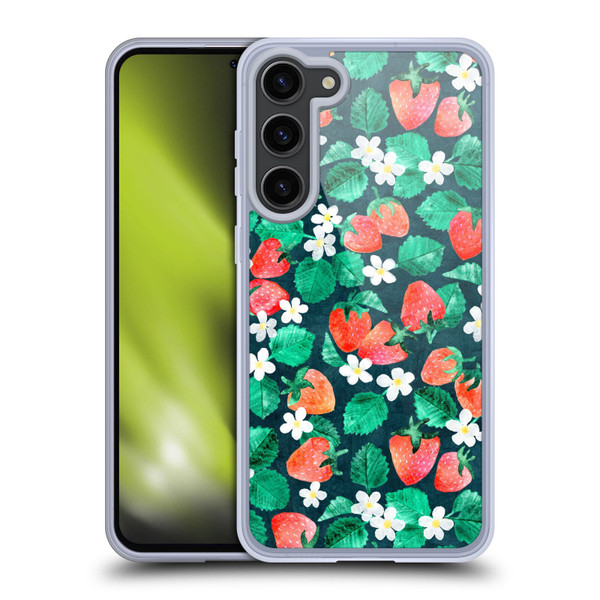 Micklyn Le Feuvre Flora And Fauna Strawberry Watercolor in Blue Soft Gel Case for Samsung Galaxy S23+ 5G