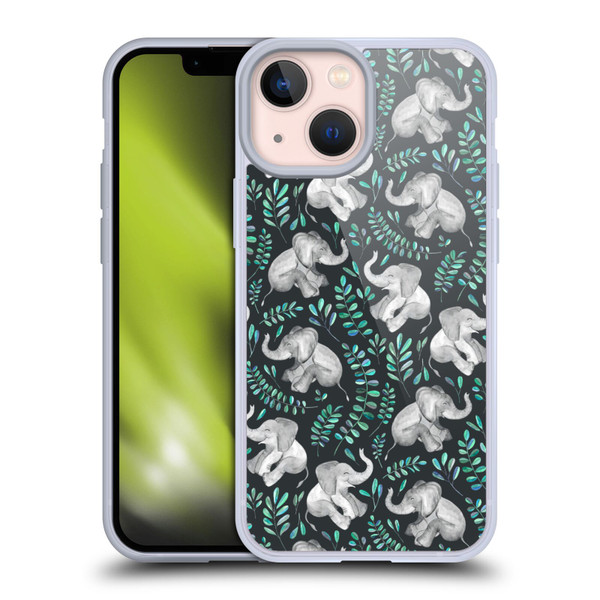 Micklyn Le Feuvre Wildlife Little Laughing Elephants In Turquoise And Grey Soft Gel Case for Apple iPhone 13 Mini