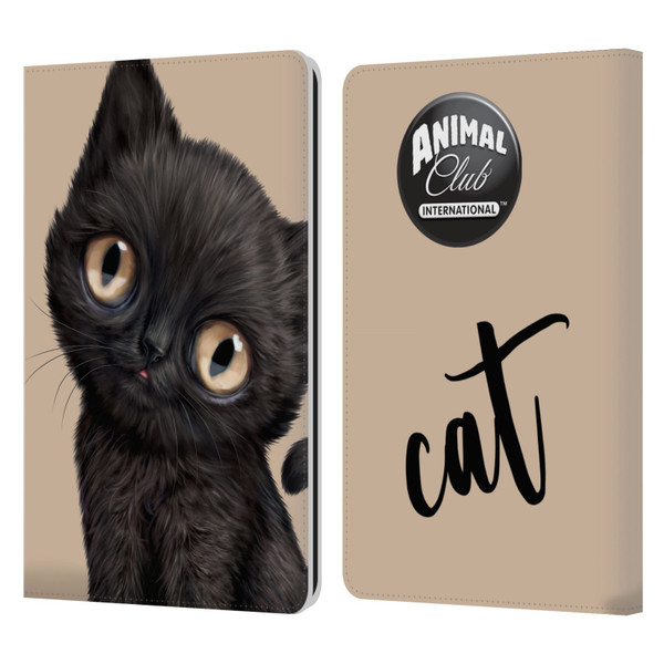 Animal Club International Faces Black Cat Leather Book Wallet Case Cover For Amazon Kindle Paperwhite 1 / 2 / 3
