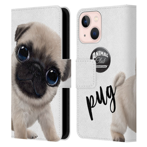 Animal Club International Faces Pug Leather Book Wallet Case Cover For Apple iPhone 13 Mini