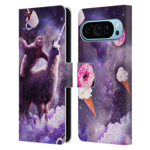 Random Galaxy Mixed Designs Sloth Riding Unicorn Leather Book Wallet Case Cover For Google Pixel 9 / Pixel 9 Pro