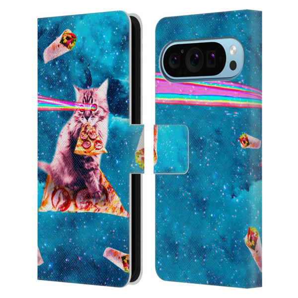 Random Galaxy Space Cat Lazer Eye & Pizza Leather Book Wallet Case Cover For Google Pixel 9 / Pixel 9 Pro