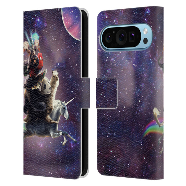 Random Galaxy Space Llama Unicorn Space Ride Leather Book Wallet Case Cover For Google Pixel 9 / Pixel 9 Pro