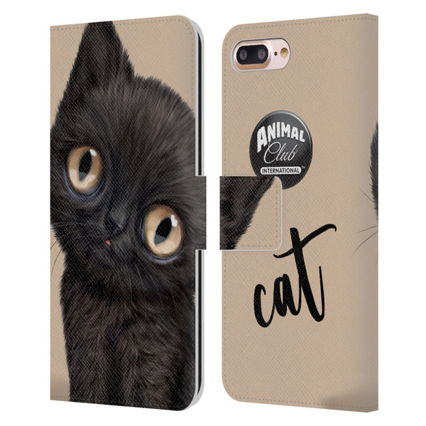 Animal Club International Faces Black Cat Leather Book Wallet Case Cover For Apple iPhone 7 Plus / iPhone 8 Plus