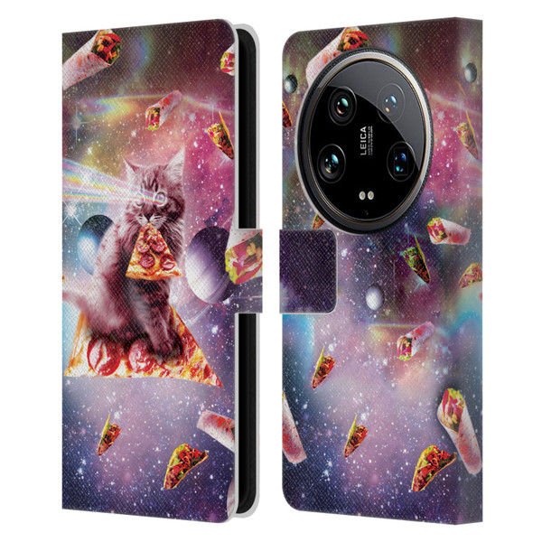 Random Galaxy Space Pizza Ride Outer Space Lazer Cat Leather Book Wallet Case Cover For Xiaomi 14 Ultra