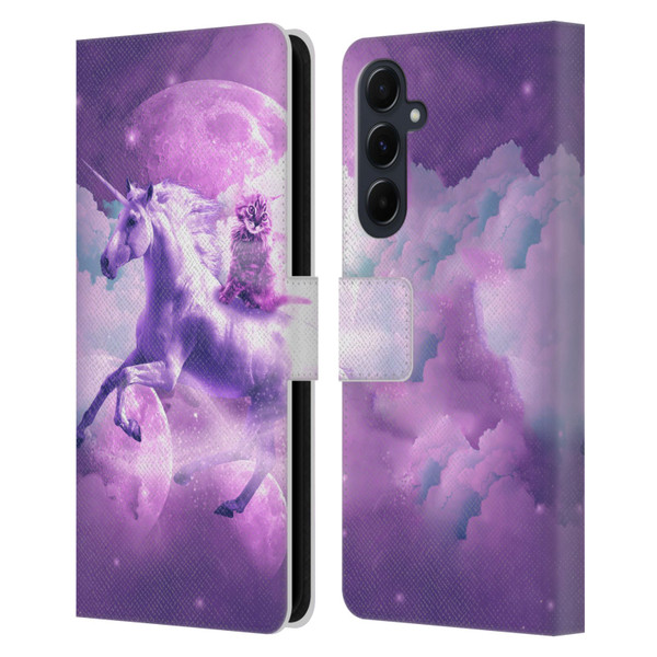 Random Galaxy Space Unicorn Ride Purple Galaxy Cat Leather Book Wallet Case Cover For Samsung Galaxy A55 5G