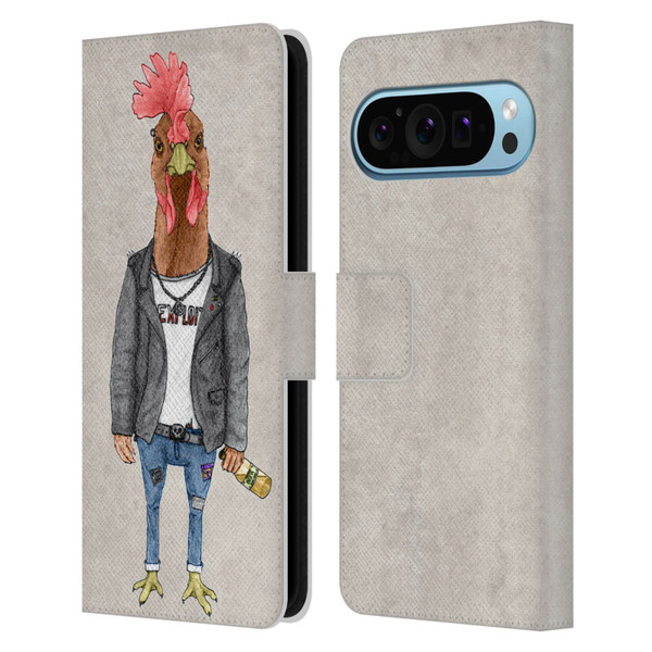 Barruf Animals Punk Rooster Leather Book Wallet Case Cover For Google Pixel 9 / Pixel 9 Pro