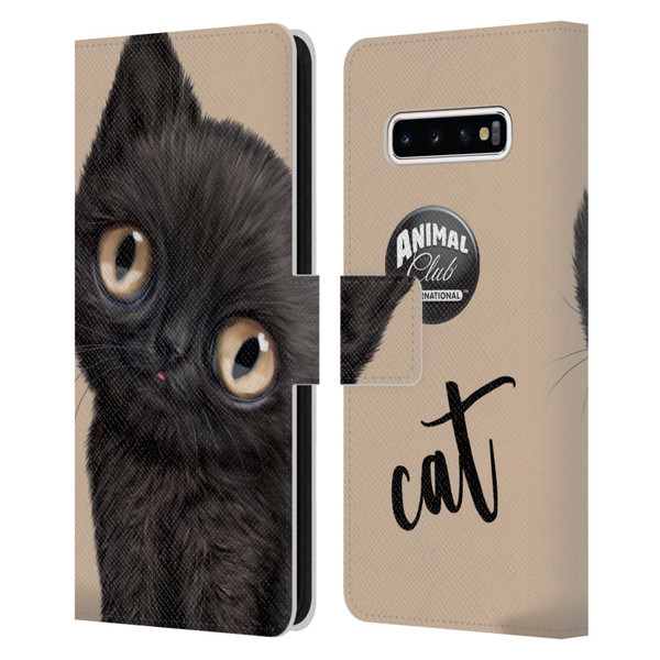 Animal Club International Faces Black Cat Leather Book Wallet Case Cover For Samsung Galaxy S10+ / S10 Plus