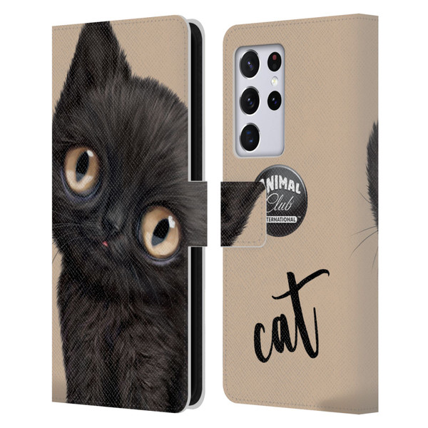 Animal Club International Faces Black Cat Leather Book Wallet Case Cover For Samsung Galaxy S21 Ultra 5G