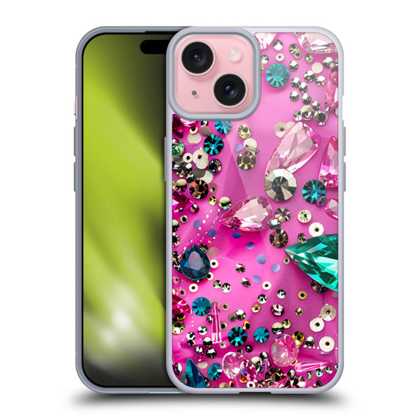 Haroulita Fancy Pattern Gemstones Hot Pink Soft Gel Case for Apple iPhone 15