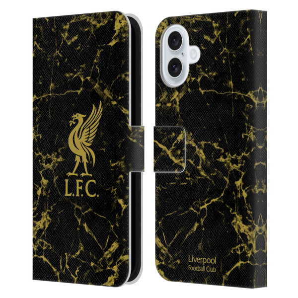 Liverpool Football Club Crest & Liverbird Patterns 1 Black & Gold Marble Leather Book Wallet Case Cover For Apple iPhone 16 Plus