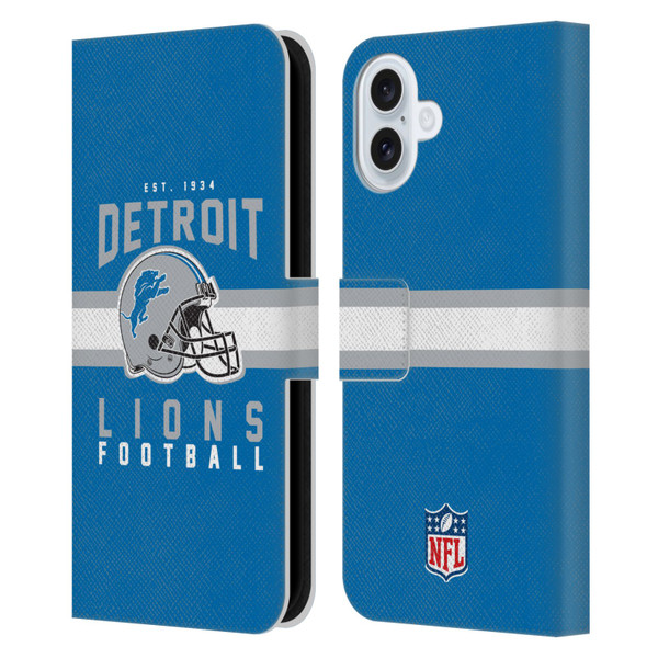 NFL Detroit Lions Graphics Helmet Typography Leather Book Wallet Case Cover For Apple iPhone 16 Plus