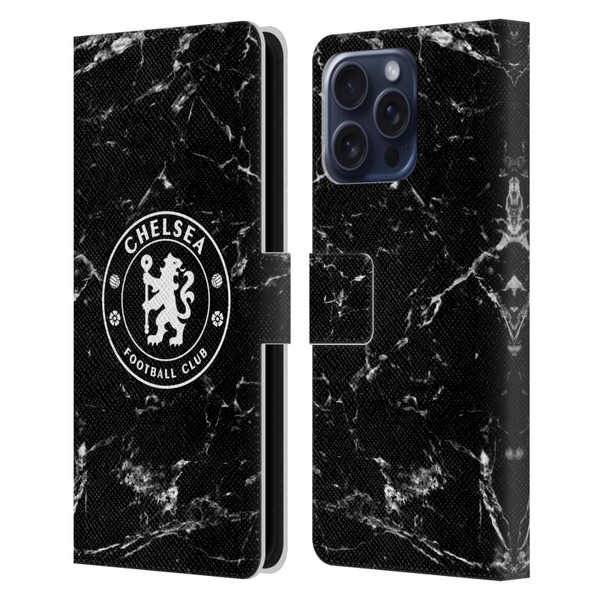Chelsea Football Club Crest Black Marble Leather Book Wallet Case Cover For Apple iPhone 16 Pro Max