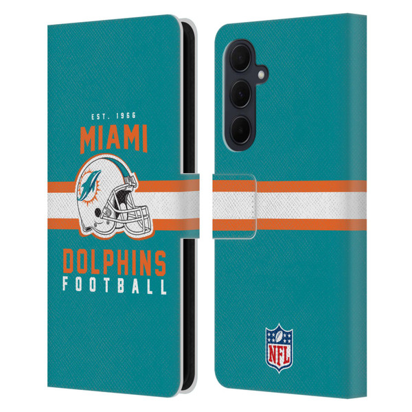 NFL Miami Dolphins Graphics Helmet Typography Leather Book Wallet Case Cover For Samsung Galaxy A35 5G