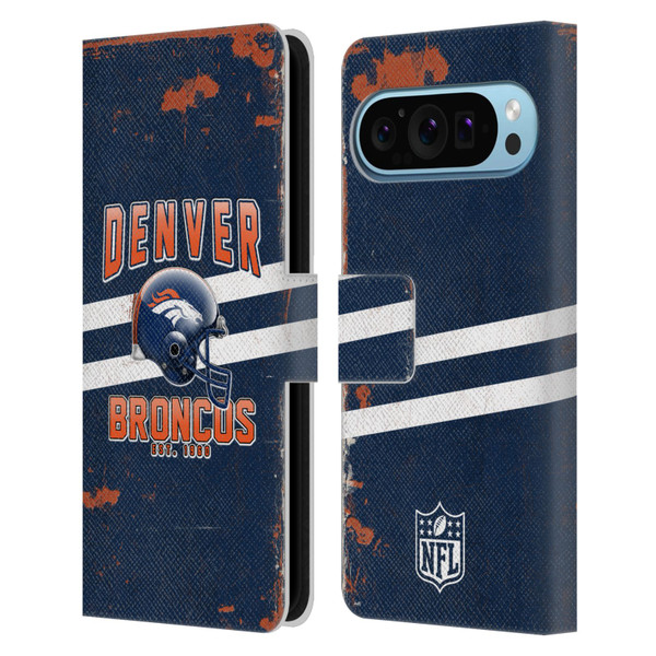 NFL Denver Broncos Logo Art Helmet Distressed Leather Book Wallet Case Cover For Google Pixel 9 / Pixel 9 Pro