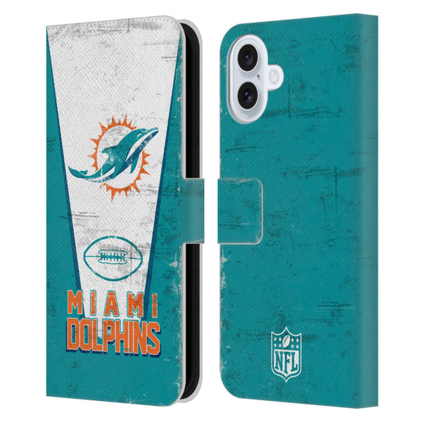 NFL Miami Dolphins Logo Art Banner Leather Book Wallet Case Cover For Apple iPhone 16 Plus