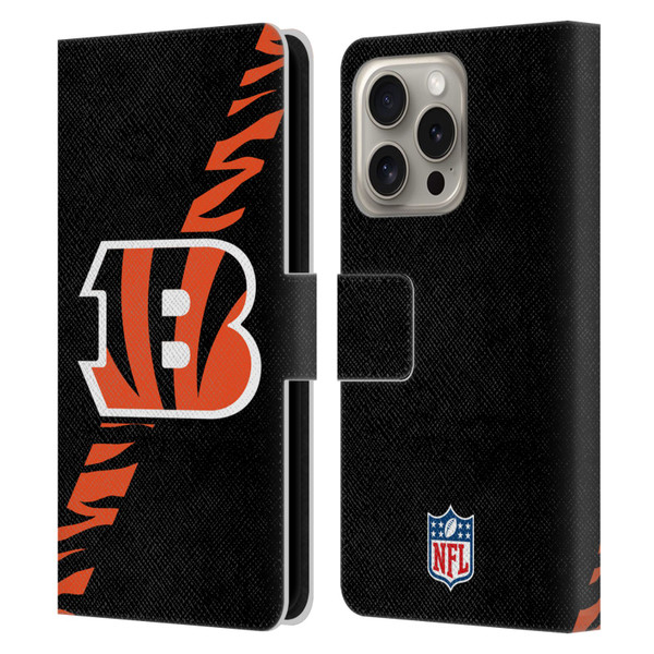 NFL Cincinnati Bengals Logo Stripes Leather Book Wallet Case Cover For Apple iPhone 16 Pro