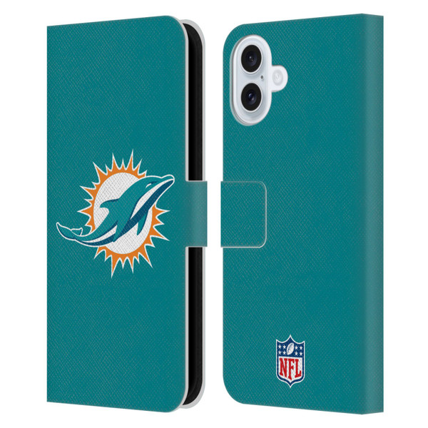 NFL Miami Dolphins Logo Plain Leather Book Wallet Case Cover For Apple iPhone 16 Plus