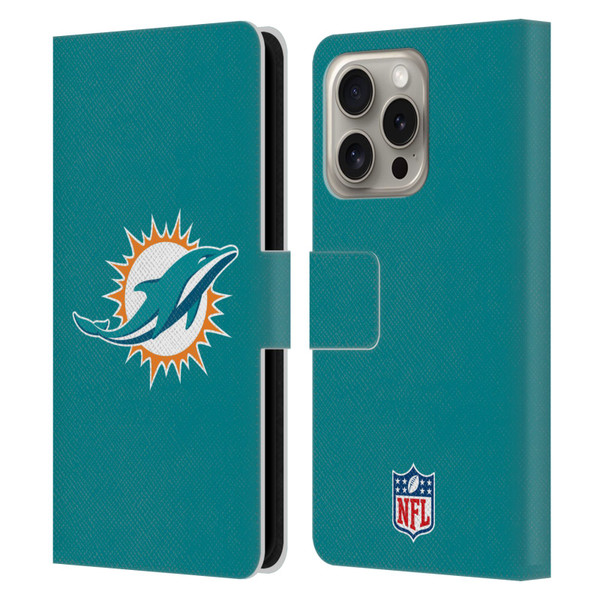 NFL Miami Dolphins Logo Plain Leather Book Wallet Case Cover For Apple iPhone 16 Pro