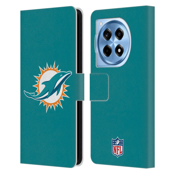 NFL Miami Dolphins Logo Plain Leather Book Wallet Case Cover For OnePlus 12R