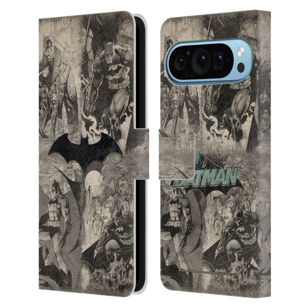 Batman DC Comics Hush Logo Collage Distressed Leather Book Wallet Case Cover For Google Pixel 9 / Pixel 9 Pro