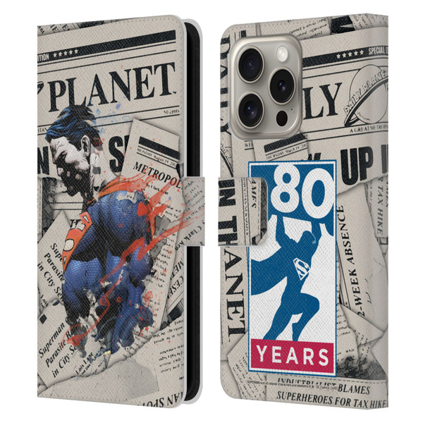 Superman DC Comics 80th Anniversary Newspaper Leather Book Wallet Case Cover For Apple iPhone 16 Pro