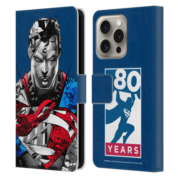 Superman DC Comics 80th Anniversary Collage Leather Book Wallet Case Cover For Apple iPhone 16 Pro
