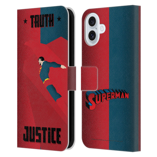 Superman DC Comics Character Art Truth And Justice 2 Leather Book Wallet Case Cover For Apple iPhone 16 Plus