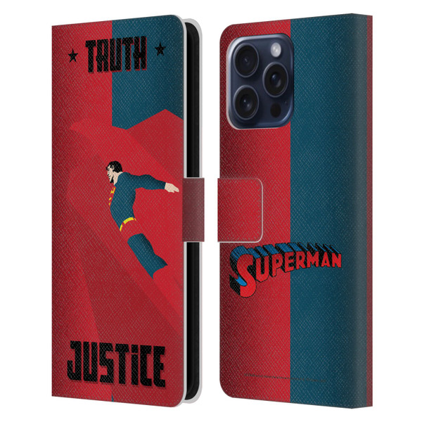 Superman DC Comics Character Art Truth And Justice 2 Leather Book Wallet Case Cover For Apple iPhone 16 Pro Max