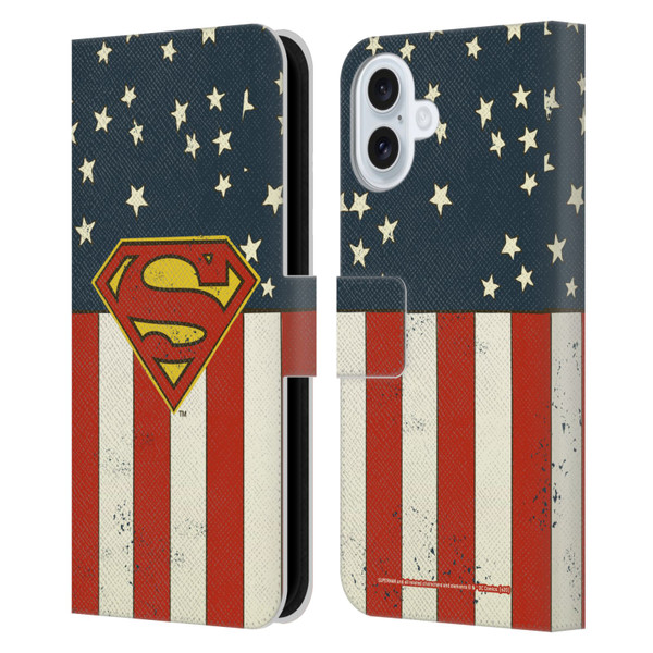 Superman DC Comics Logos U.S. Flag Leather Book Wallet Case Cover For Apple iPhone 16 Plus