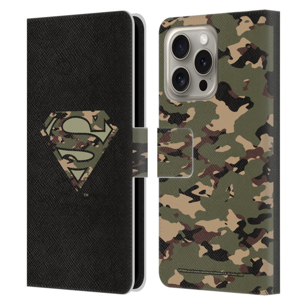 Superman DC Comics Logos Camouflage Leather Book Wallet Case Cover For Apple iPhone 16 Pro
