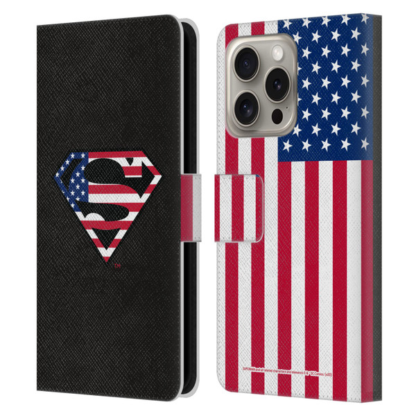 Superman DC Comics Logos U.S. Flag 2 Leather Book Wallet Case Cover For Apple iPhone 16 Pro