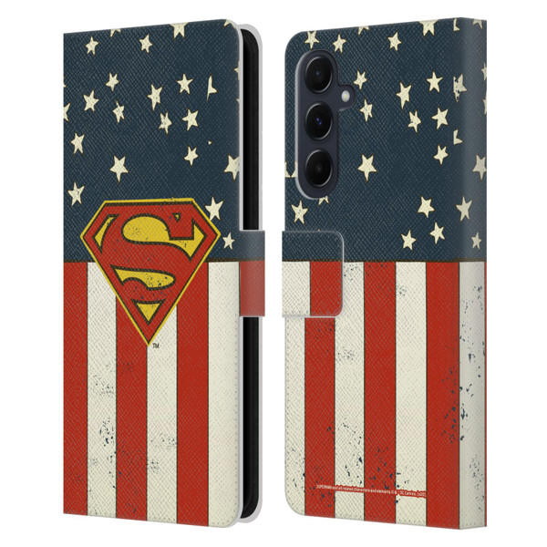 Superman DC Comics Logos U.S. Flag Leather Book Wallet Case Cover For Samsung Galaxy A55 5G